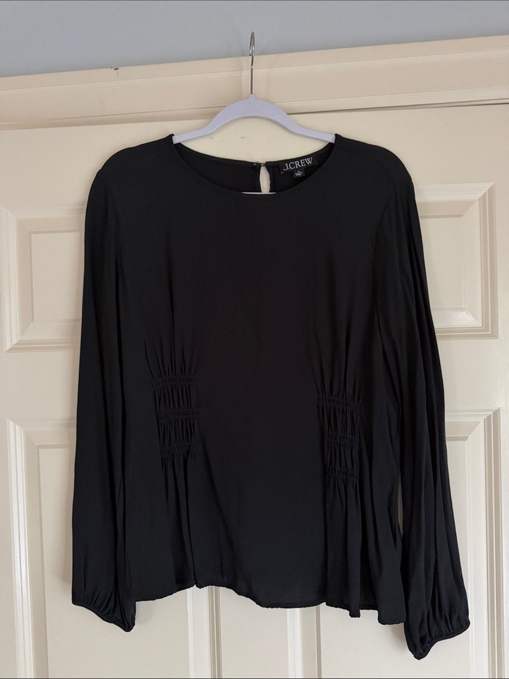 J. Crew Black Long Sleeve Smocked-Side Blouse